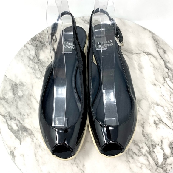 Stuart Weitzman Peep Toe Slingback Flatform two tone patent leather black 7.5 - Picture 6 of 13